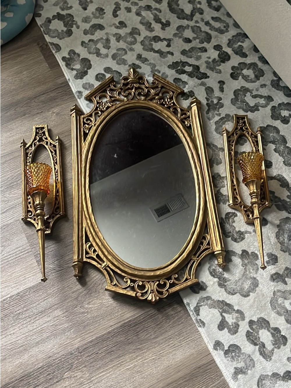 Home Interiors Gold Ornate Oval Mirror with Matching Gold Sconces